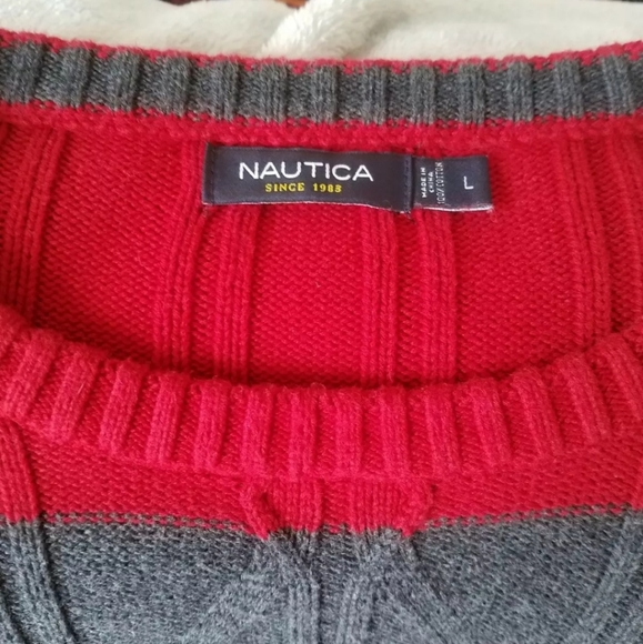 Mens Large Fisherman Red & Gray Nautica Sweater - Picture 2 of 6